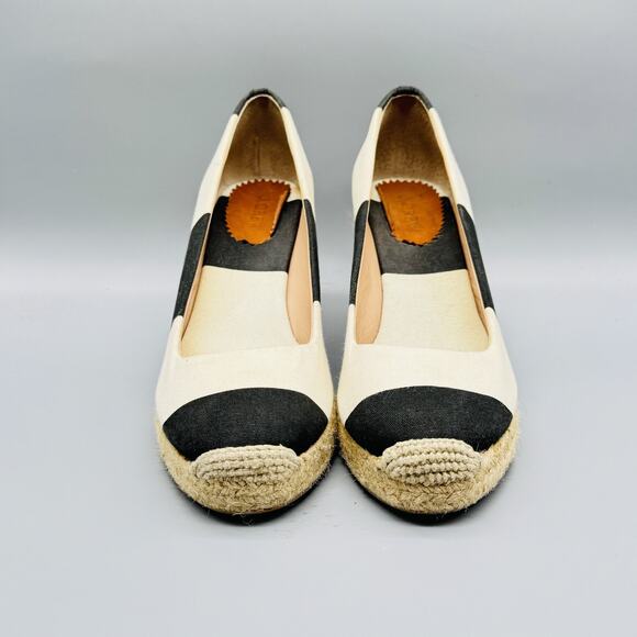 J Crew Shoes Womens 9.5 Black Ivory Wedge Espadrille Canvas Striped Summer - Picture 3 of 12